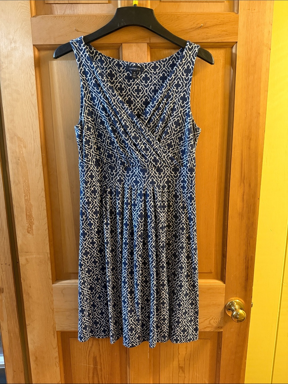 Lands' End Navy and White Sleeveless Faux-Wrap Geometric Print Dress